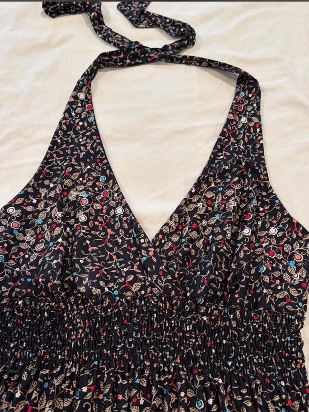 Wet Seal Black Halter-Back Floral Midi Dress with Multicolor Border - Picture 3 of 5
